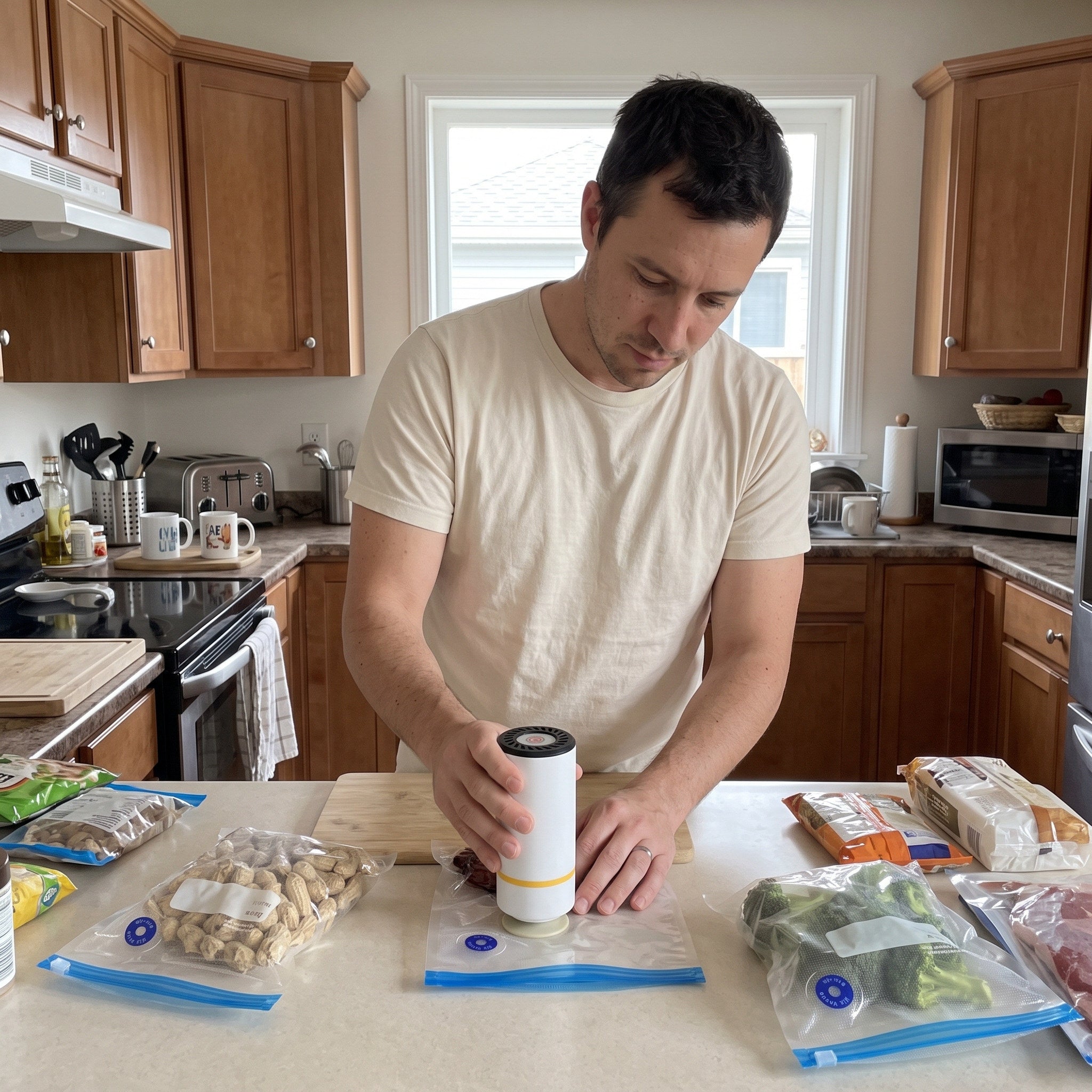 Keepwell pump beside portioned groceries on a kitchen counter