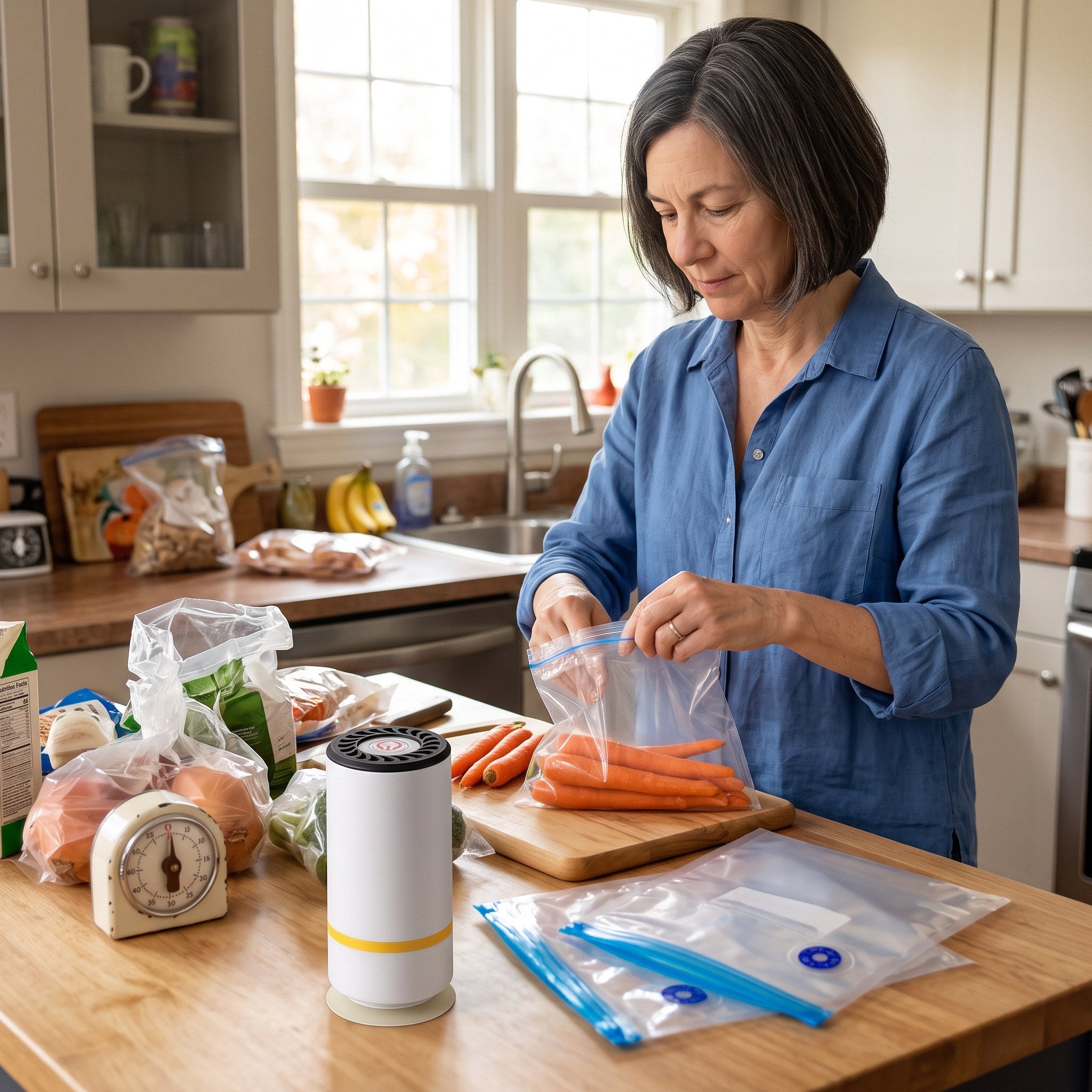 Keepwell pump beside groceries being portioned in a home kitchen