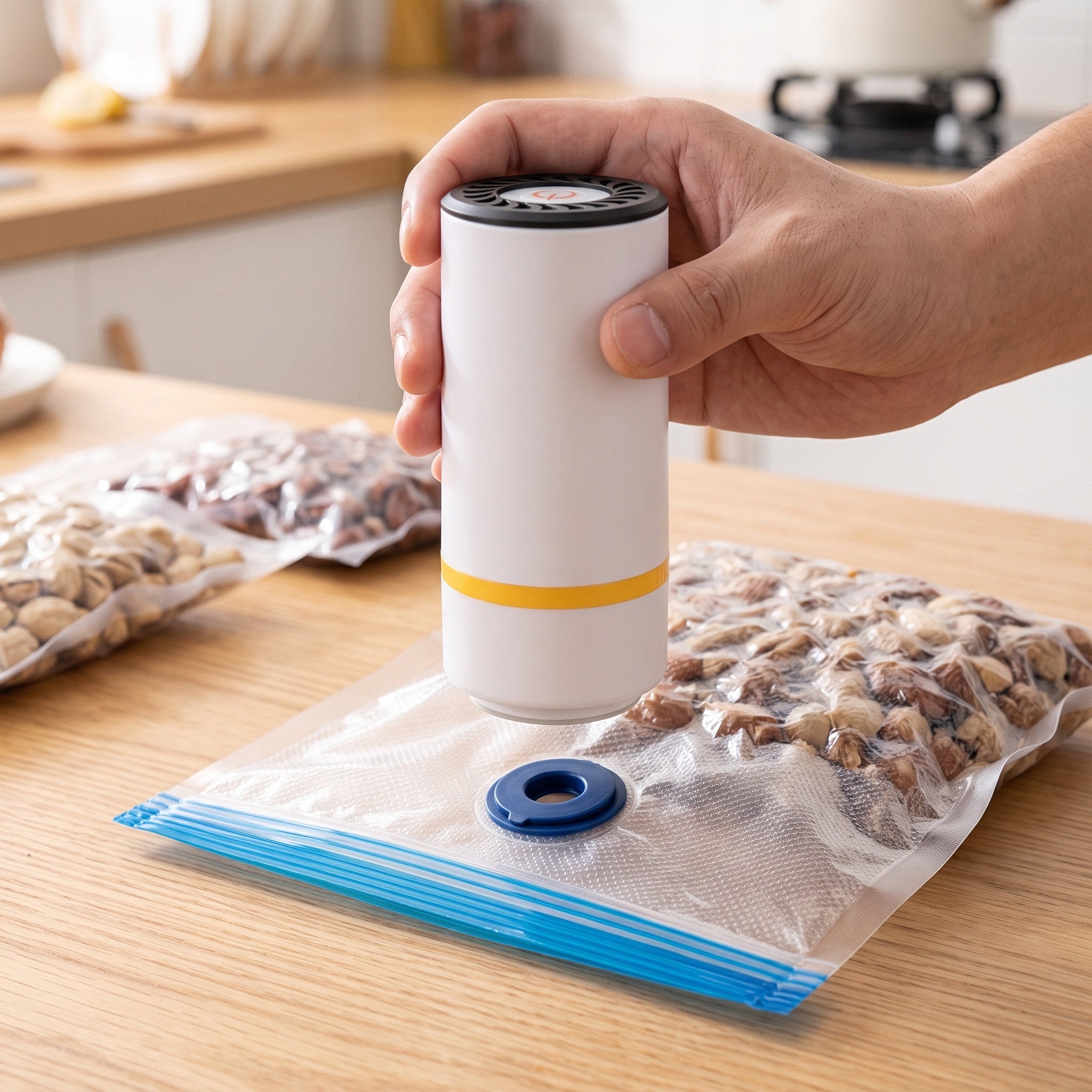 Keepwell pump aligned over the round valve of a closed food bag