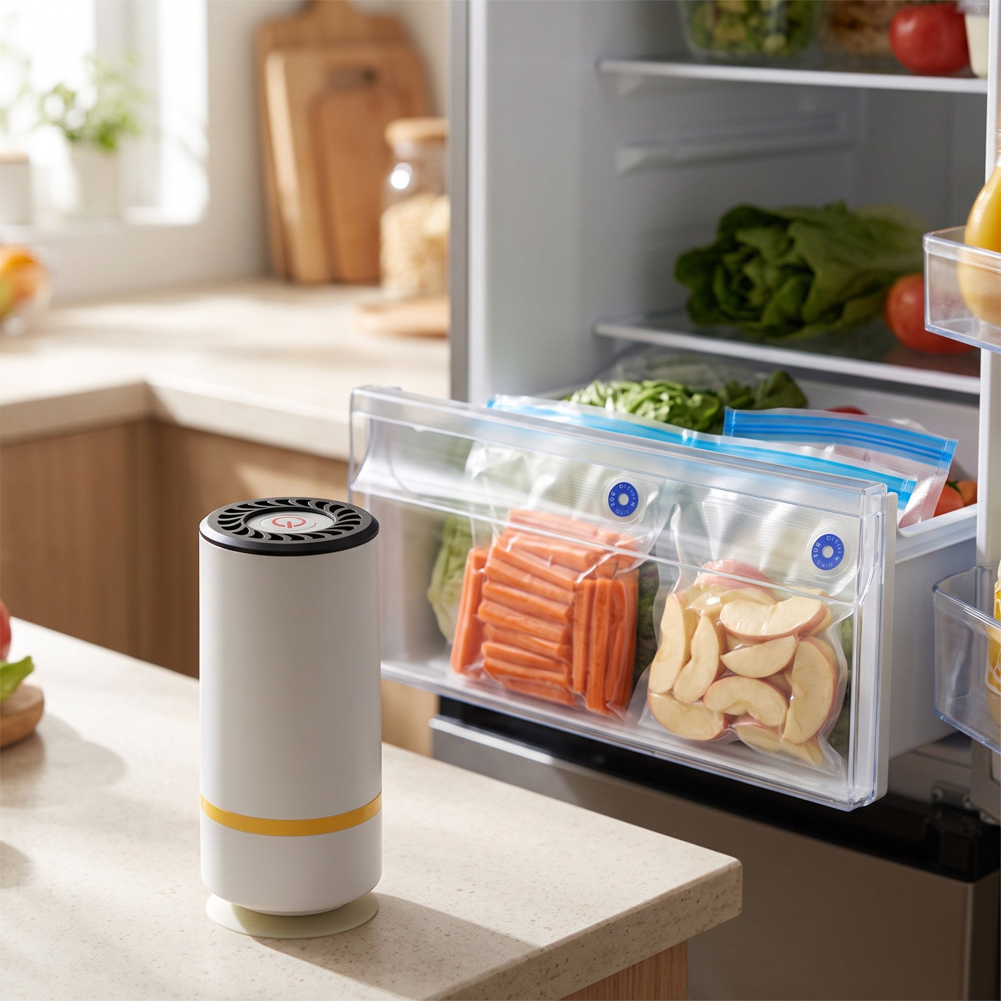 Keepwell pump beside fridge-ready food bags