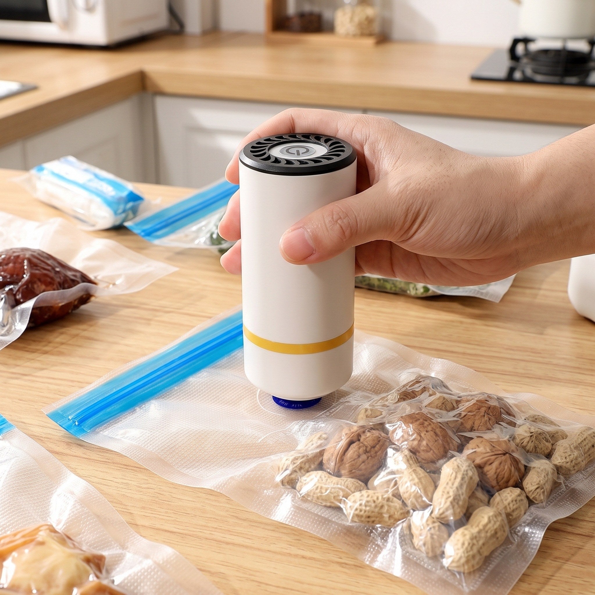 Hands using Keepwell over a food bag valve on a kitchen counter