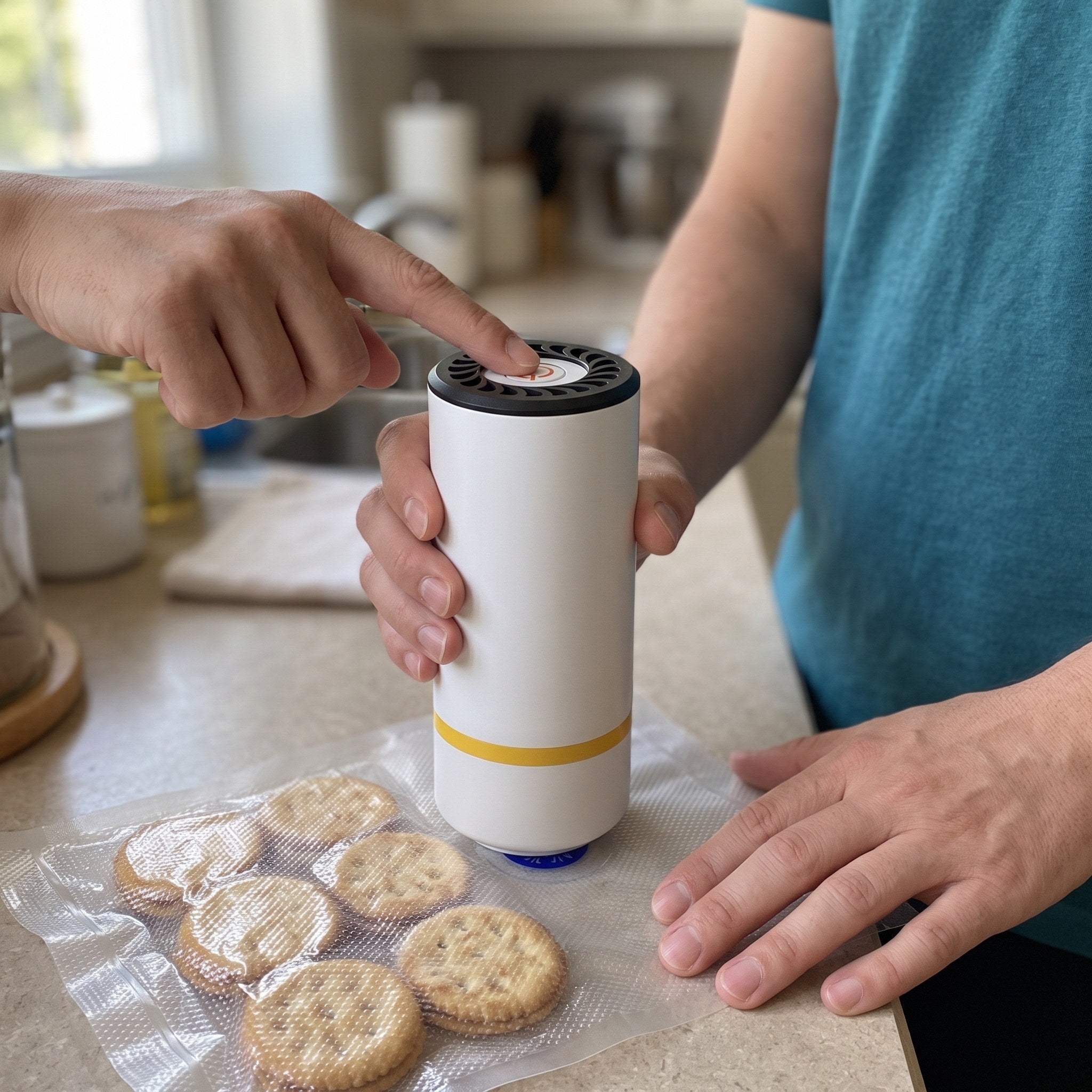 A different hand angle holding Keepwell over a closed valve bag