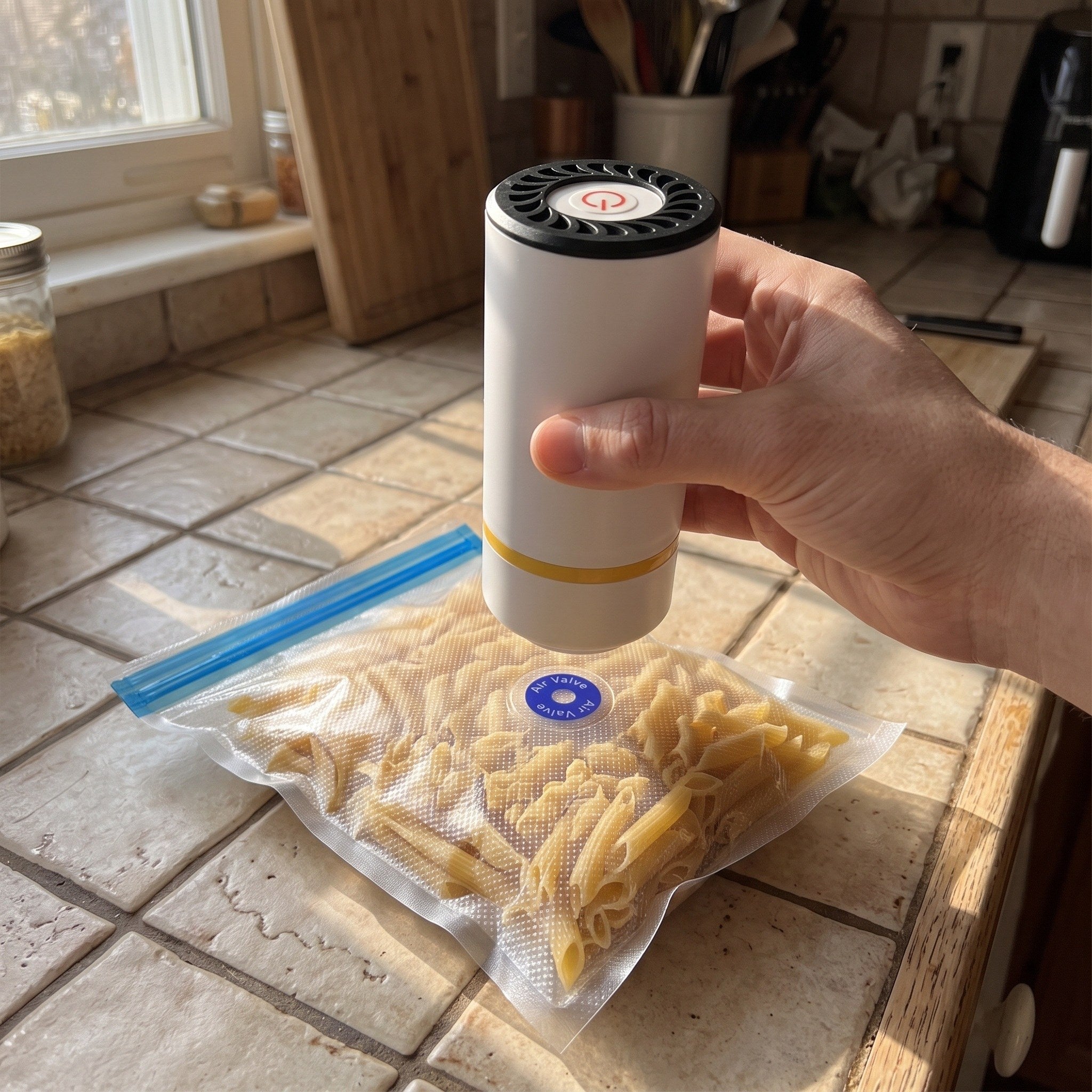 Hand picking up the compact Keepwell pump before food prep