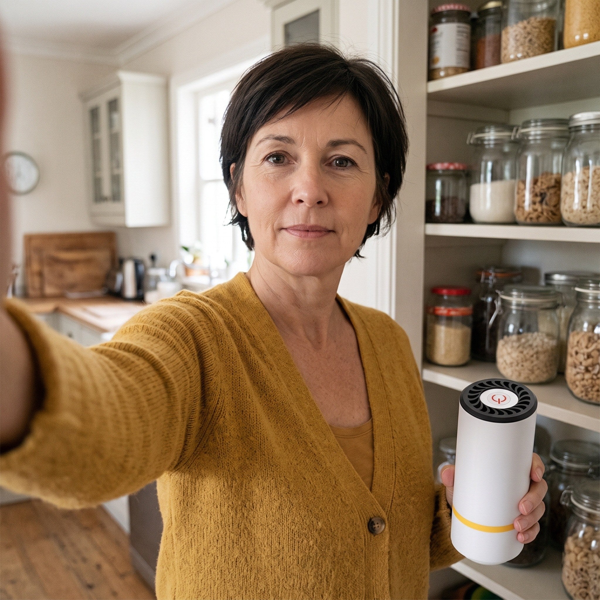 Owner selfie with Keepwell in an evening kitchen