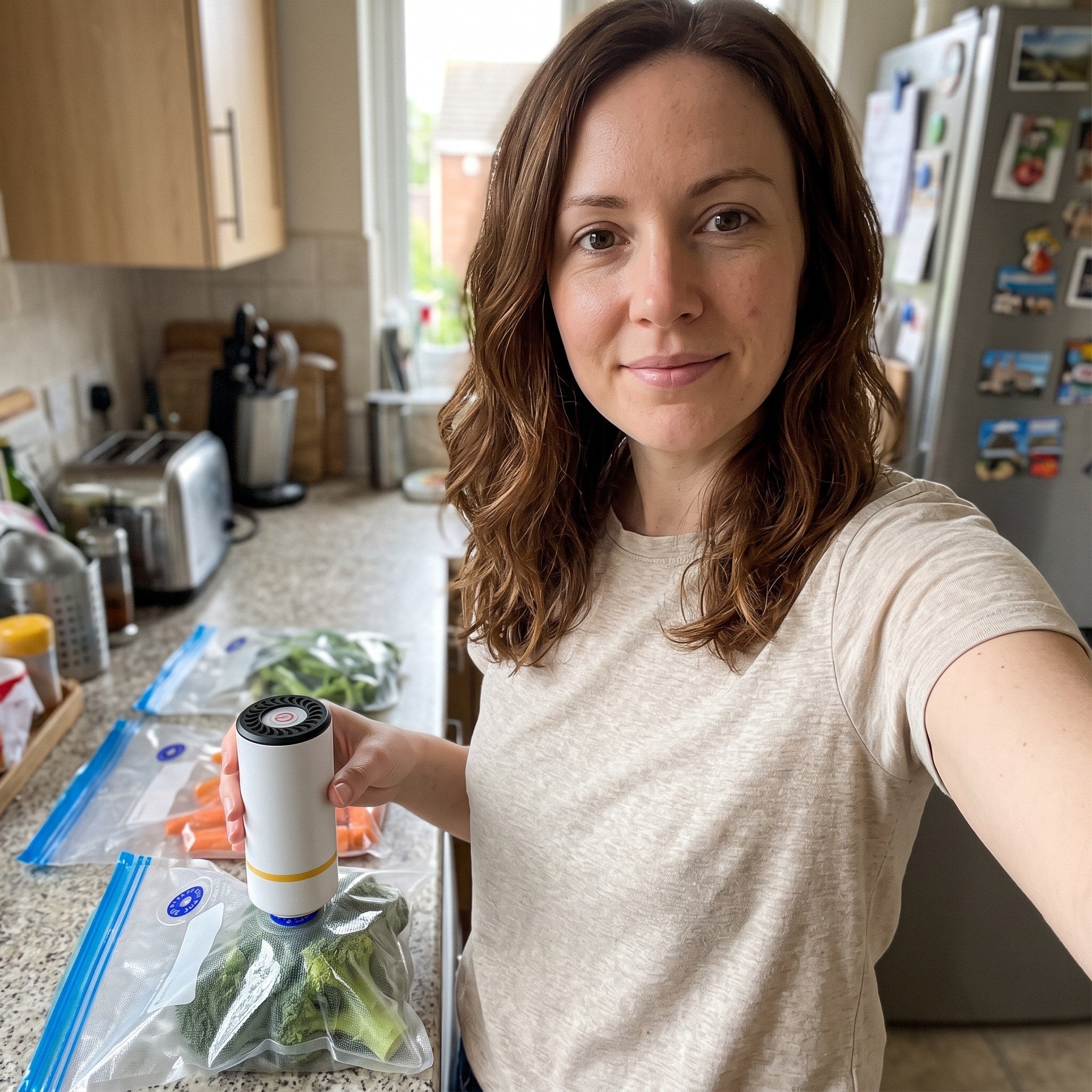Emma taking a casual kitchen selfie with her Keepwell pump
