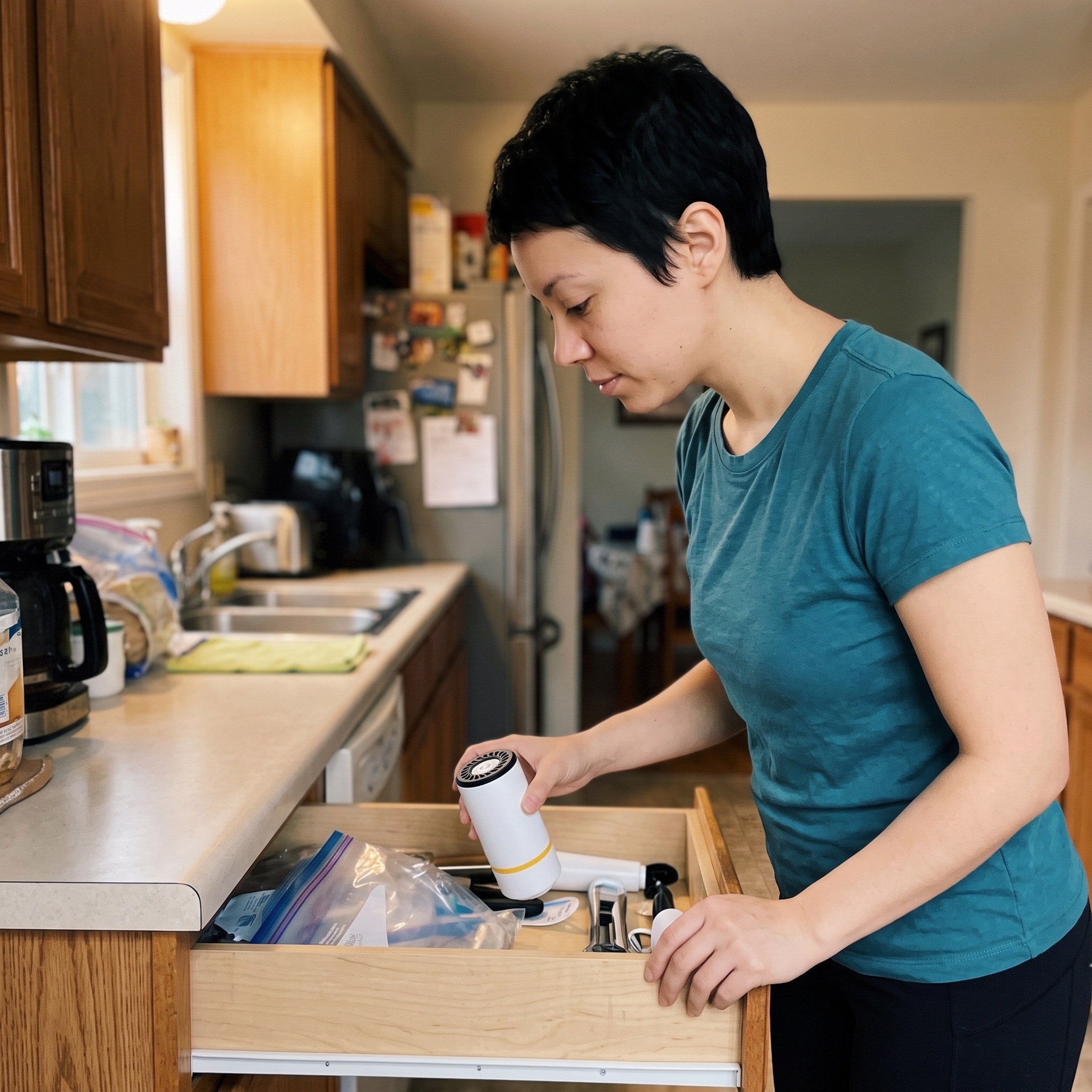 Sophie with Keepwell in a small apartment kitchen