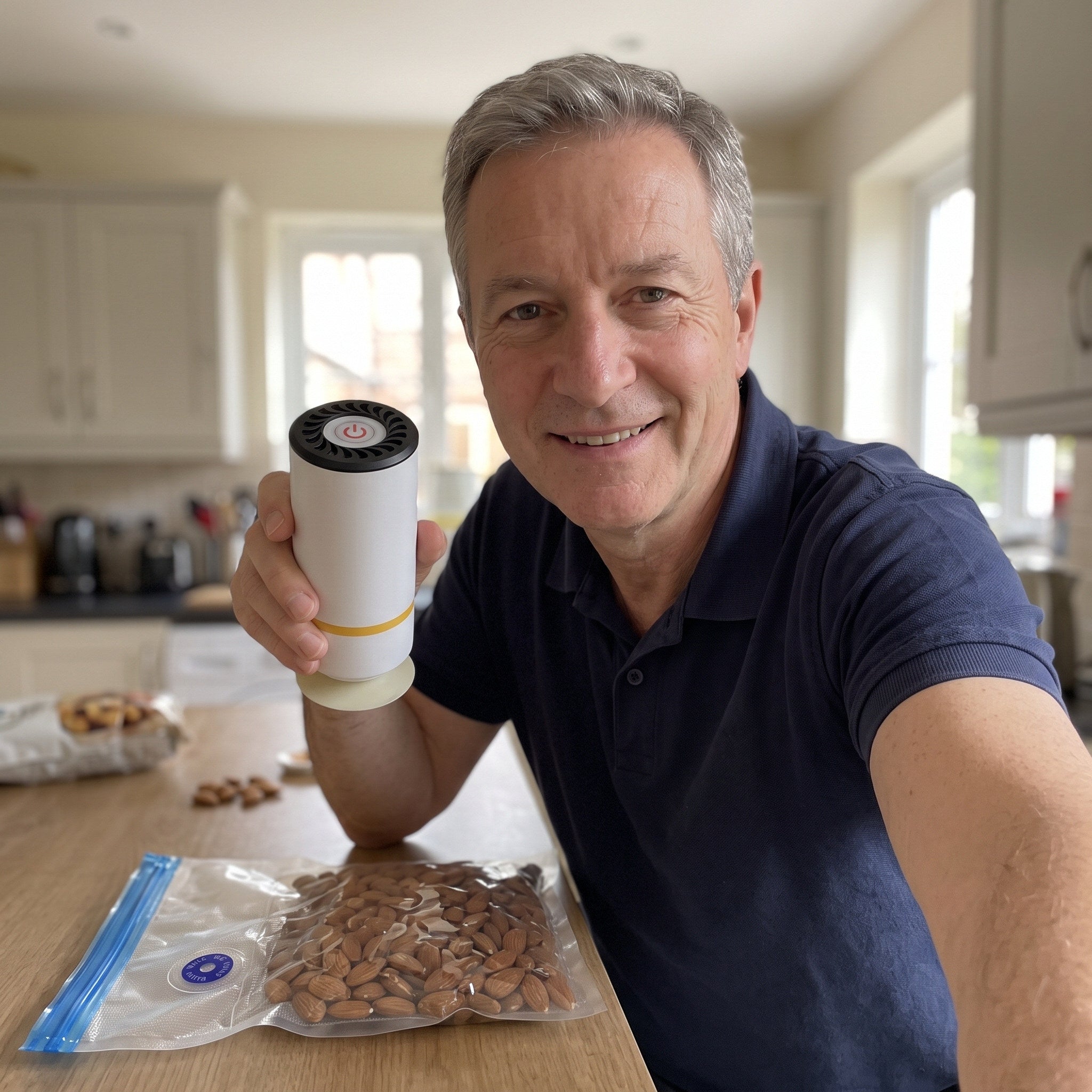 Michael taking a selfie beside his snack storage setup