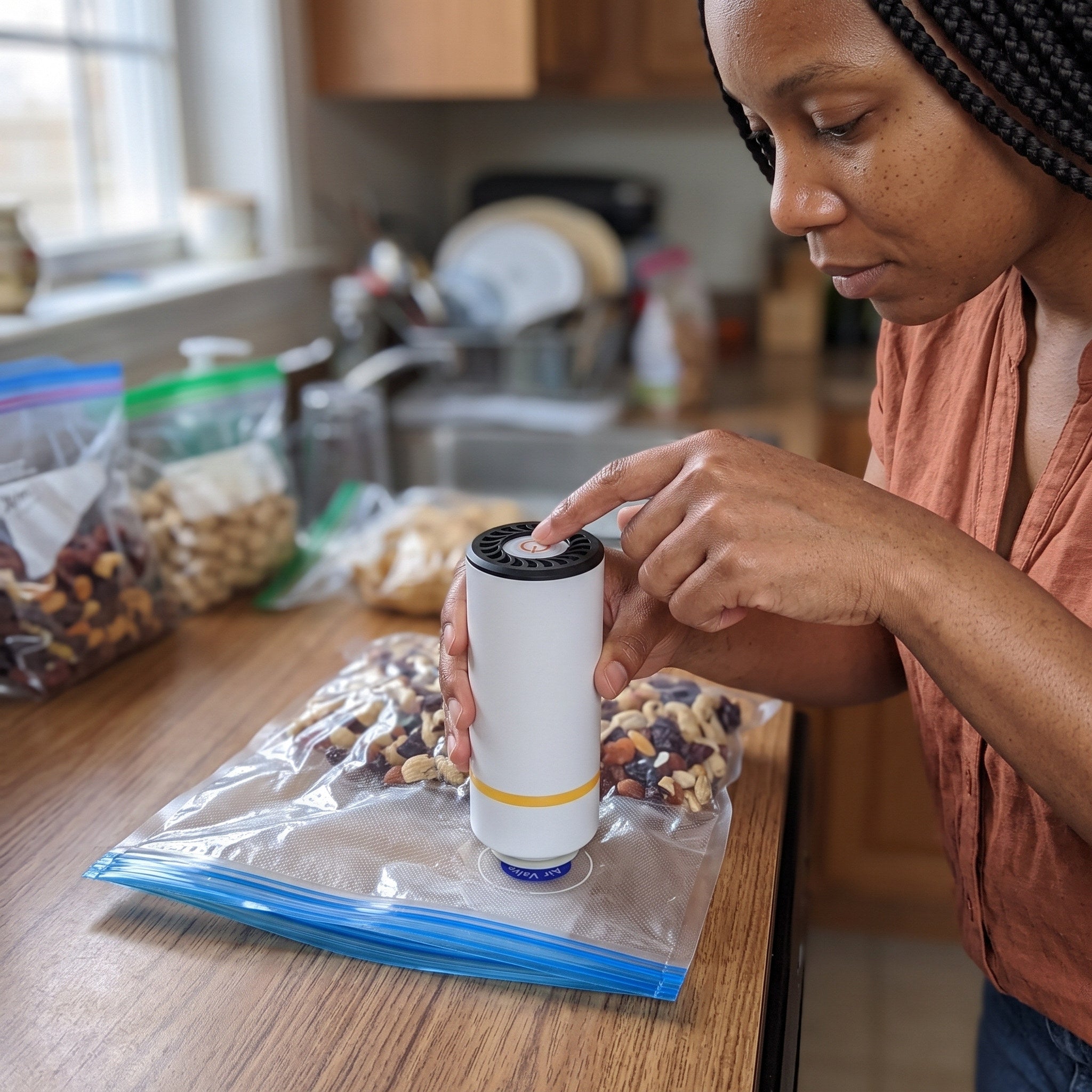 Olivia pressing the Keepwell button over a food bag valve