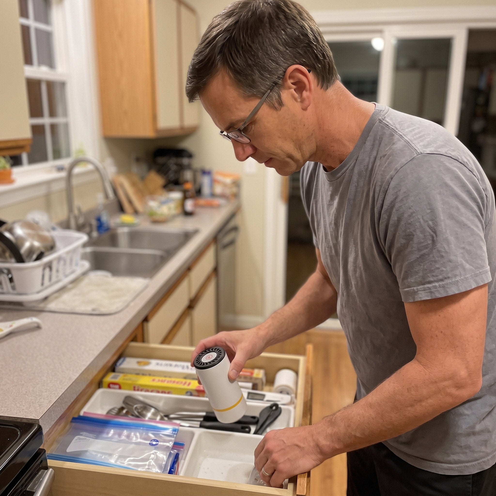 James putting his Keepwell pump into a kitchen drawer